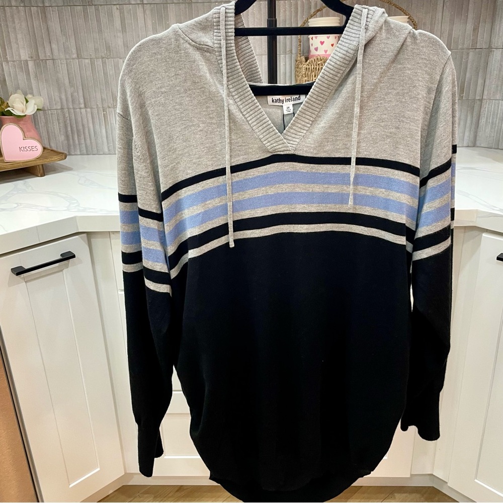 New Kathy Ireland Striped Hooded‎ V-Neck Pullover Sweater Size 2X